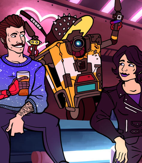 Rhys, Athena and Claptrap from Borderlands sitting in Moxxi's bar wearing assorted fashions.