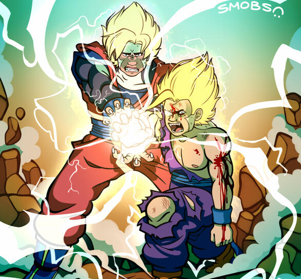 Goku and Gohan from Dragon Ball firing the father-son kamehameha at the viewer. Sparks from the attack are splitting the ground.