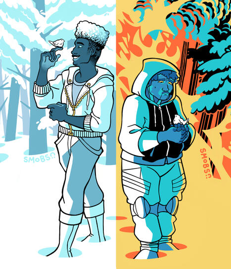 Zane and Echo from LEGO NINJAGO standing in a wood. There is a split in the image. Zane's side is snowy, Echo's side is on fire.