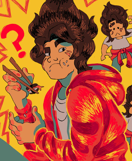 Kai Smith from LEGO NINJAGO eating a piece of sushi with chopsticks and looking at the viewer in confusion.