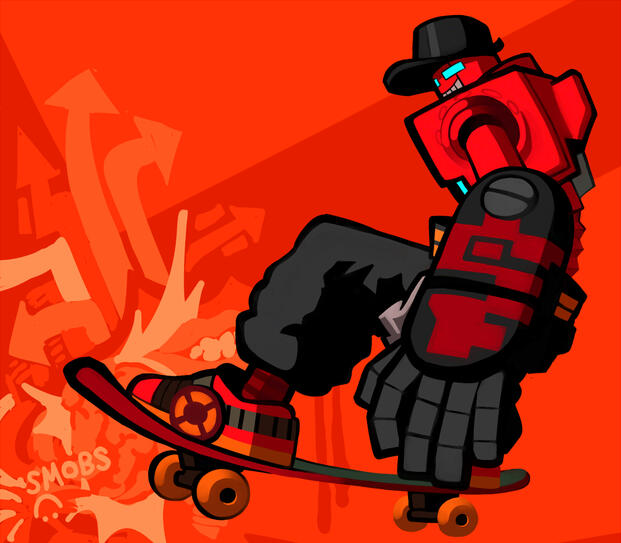 Switch from Lethal League riding his skateboard against a bright orange background.