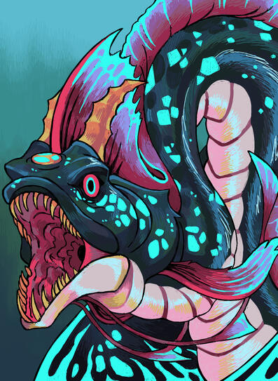 Wojira from LEGO NINJAGO, depicted as an oarfish-like dragon with glowing teal spots all over her body.