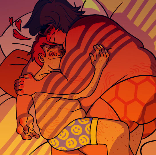 Cole and Jay from LEGO Ninjago cuddling in bed together. Jay is wearing boxers with smiley faces on them.