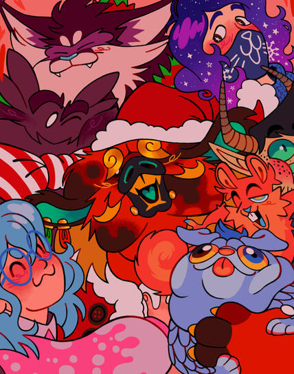 The artist's friend group drawn as a cast of colourful characters. They are cuddling with Christmas outfits on.