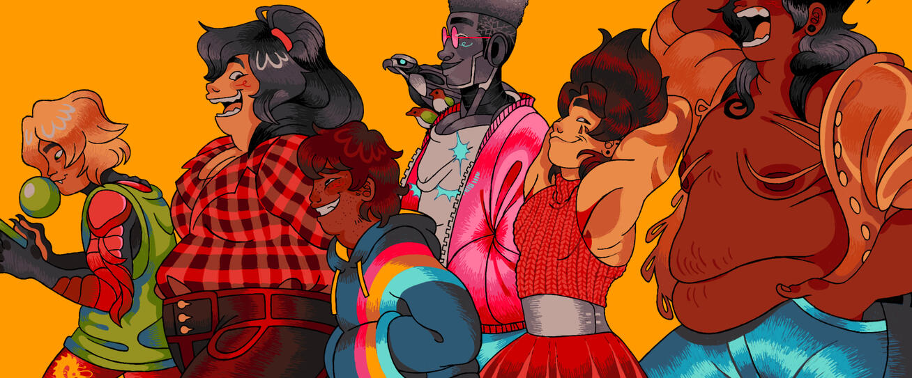 The ninja from LEGO Ninjago, dressed in casual clothes and walking to the left. They are all smiling.