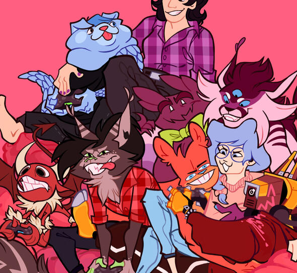 The artist's friend group drawn as a cast of colourful original characters. They are sitting on a beanbag playing video games.