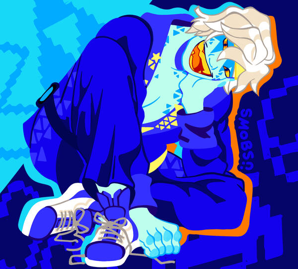 Jay Walker from LEGO NINJAGO in his Prime Empire avatar, sitting with his head cocked to one side and a large smile on his face.