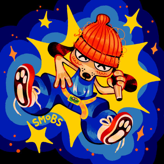 Parappa the Rapper holding a microphone and jumping up in the air. The soles of his shoes have pawpads on them.