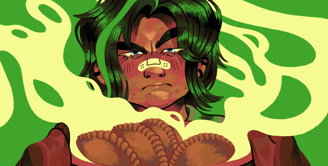 Morro from LEGO NINJAGO, staring at the viewer in disdain as he is served a plate of shabhaley.