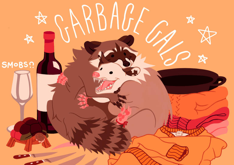 A raccoon and an opossum embracing amongst a litter of clothes and knives. "Garbage Gals" is written above them.