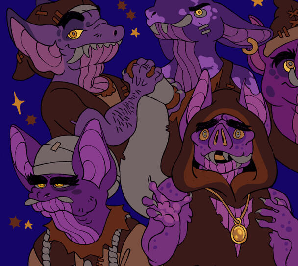 The Geckles from LEGO NINJAGO, depicted as a variety of bat-faced anthropomorphic creatures.