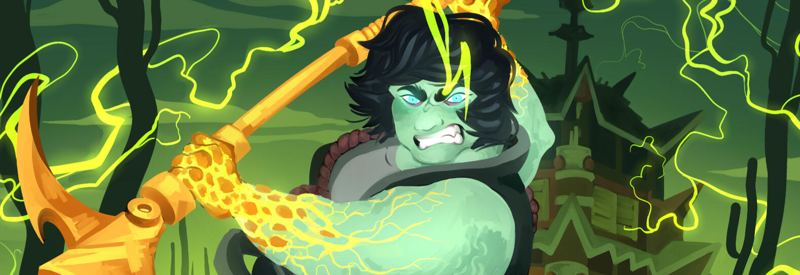 Cole from LEGO NINJAGO in his ghost form, swinging the scythe of quakes as green lightning erupts around him.