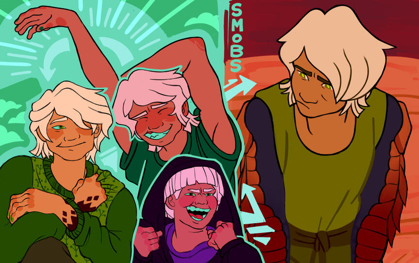 Lloyd from LEGO NINJAGO shown at a variety of ages. His younger self looks happy, while his older self is contemplative.