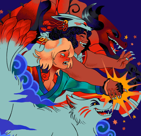 Lloyd and Akita from LEGO Ninjago running through a deep blue scenery while holding hands.