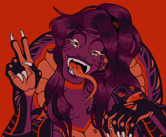 Skylor Chen from LEGO NINJAGO throwing up a peace sign at the viewer. She is in her Anacondrai snake form.