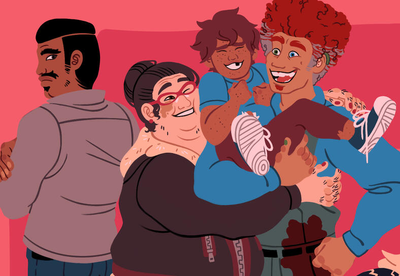 Jay from LEGO NINJAGO as a young child being embraced by his adoptive parents. His biological parents watch.