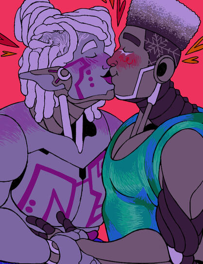 Zane and Pixal from LEGO NINJAGO sharing a kiss against a bright pink background.