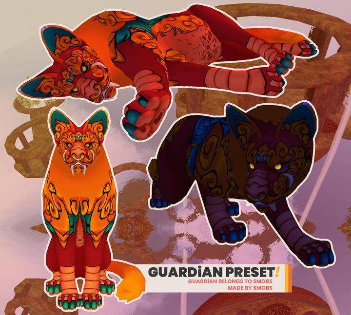 The artist's original character, a fluffy red and orange cow-dog hybrid, against a background filled with goldfish.