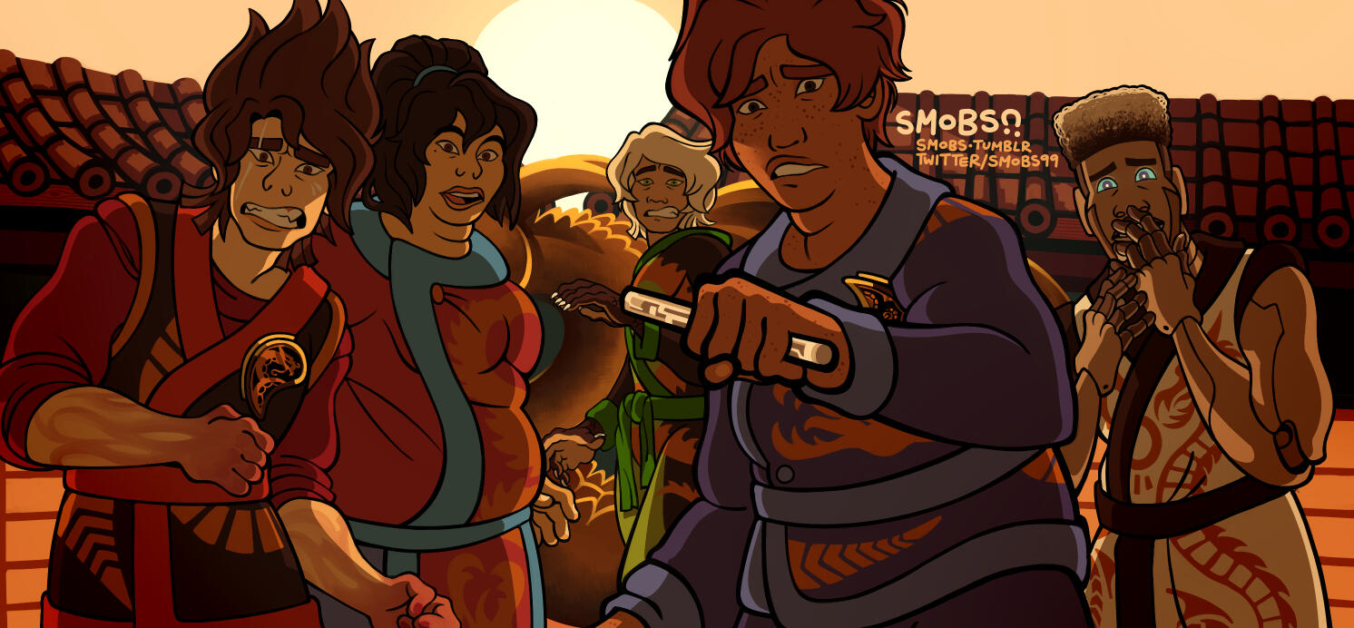 The cast of LEGO NINJAGO staring in shock at the viewer. Jay is at the front, holding a metal bar in his outstretched fist.