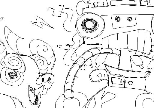 A cassette-headed robot standing next to a dog-like dragon.