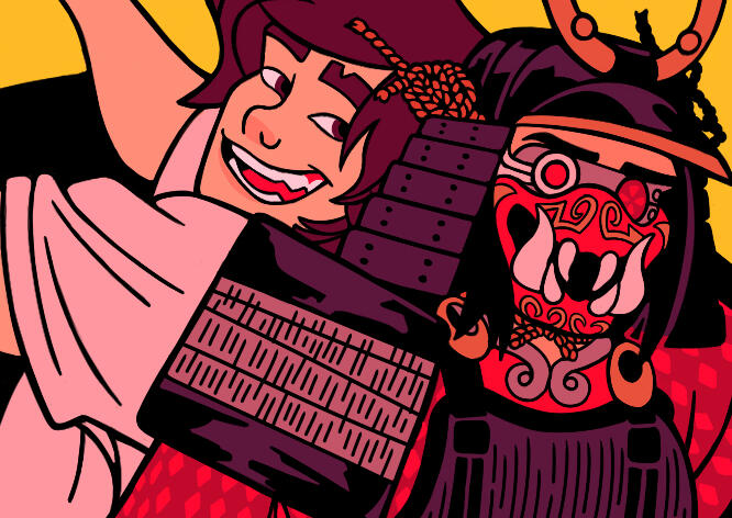 Kai and Nya Smith from LEGO NINJAGO sitting back-to-back. Nya is in her Samurai X outfit.