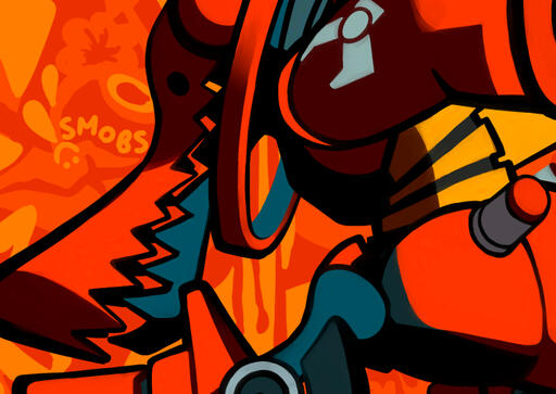 Latch from Lethal League posing against a bright orange background.