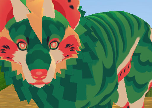 A canine decorated to look like a watermelon, smiling and looking into the distance.