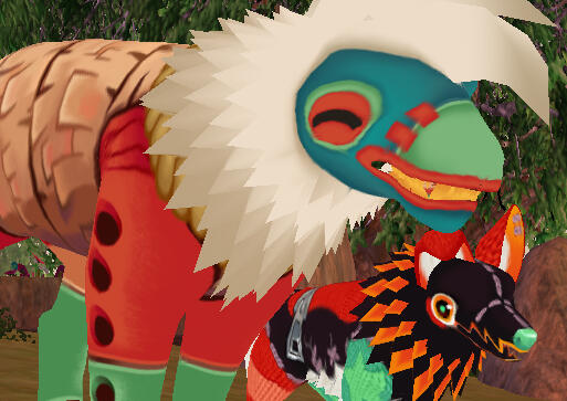 A strange-looking wooden creature with large eyes standing next to a plush toy dog.